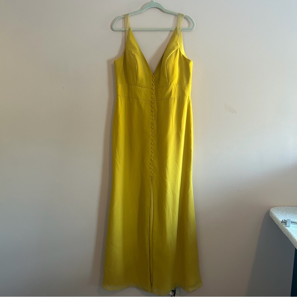 Christina Wu Yellow formal Dress bridesmaid mustard yellow buttons straps